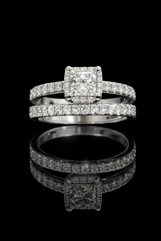 GIA Certified Natural Princess Cut Diamond Halo Engagement Ring with Pavé Band in White Gold | Classic Halo Design