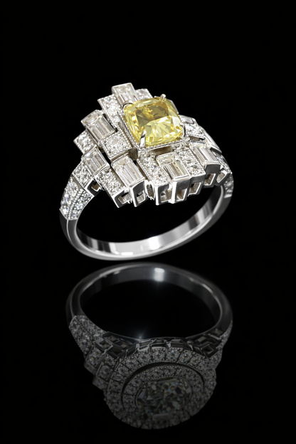 GIA Certified Natural Fancy Yellow Cushion Diamond Engagement Ring with Baguette Halo in White Gold | Art Deco Statement Design