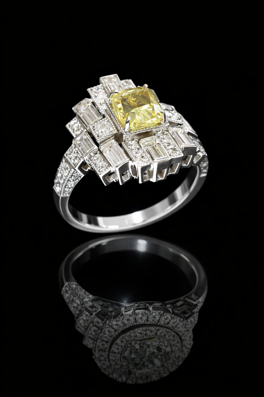 GIA Certified Natural Fancy Yellow Cushion Diamond Engagement Ring with Baguette Halo in White Gold | Art Deco Statement Design
