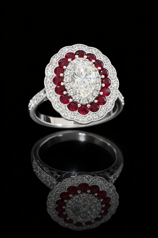 GIA Certified Natural Diamond Oval Halo Engagement Ring with Ruby Accents in White Gold | Vintage-Inspired Design