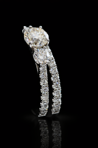 GIA Certified Natural Round Diamond Engagement Ring with Double Pavé Band in White Gold | Classic Split Band Design