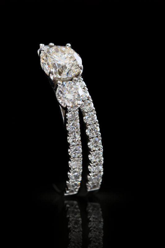 GIA Certified Natural Round Diamond Engagement Ring with Double Pavé Band in White Gold | Classic Split Band Design