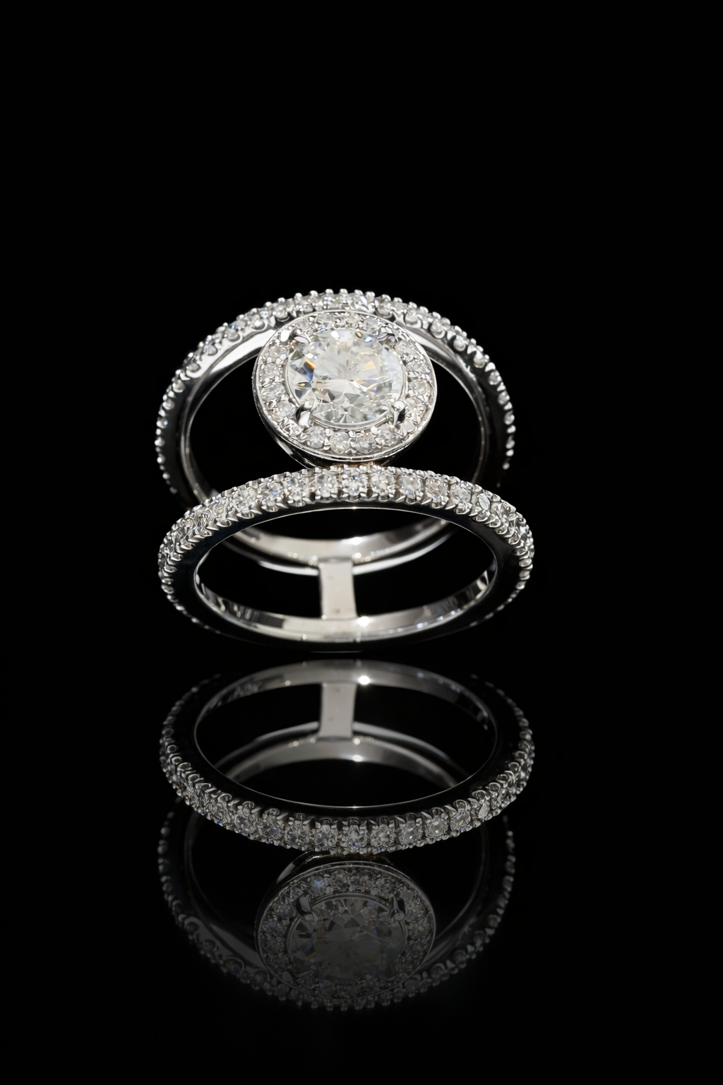 GIA Certified Natural Diamond Round Halo Engagement Ring with Split Pavé Band in White Gold