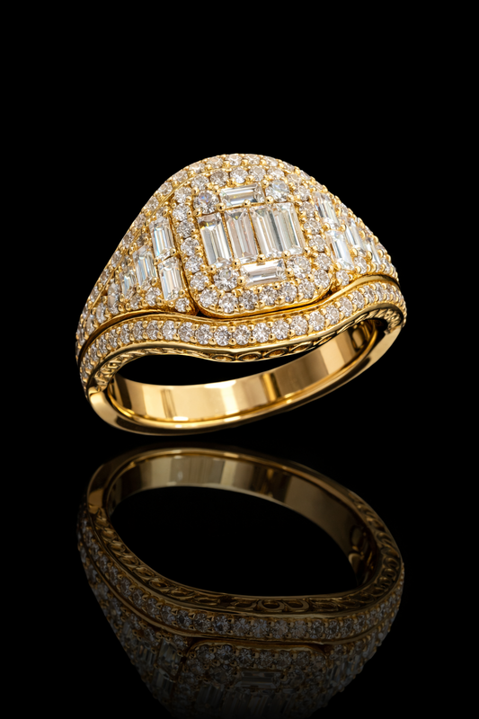 Natural Diamond Baguette & Round Cluster Halo Ring in Yellow Gold | Bold Vintage Statement Design