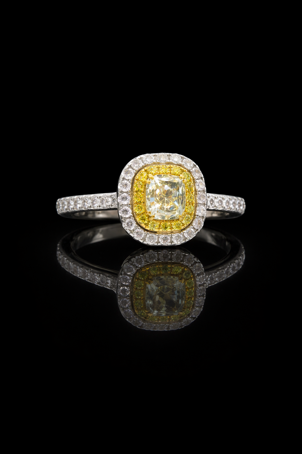 GIA Certified Natural Diamond Double Halo Engagement Ring with Yellow Diamond Accent in White Gold | Luxury Cushion Halo Design