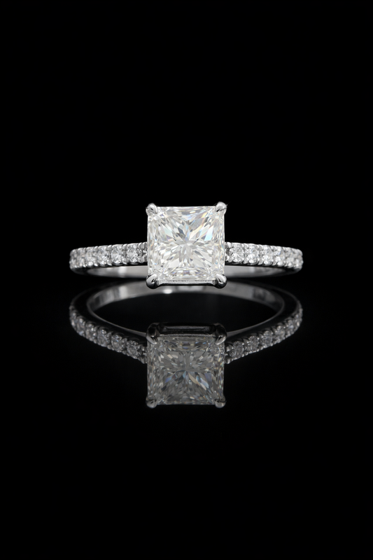 GIA Certified Natural Cushion Diamond Engagement Ring in White Gold | Pavé Solitaire Design