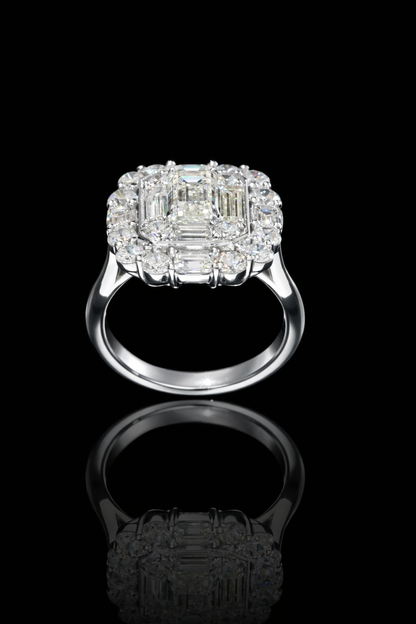 GIA Certified Natural Emerald-Cut Diamond Double Halo Engagement Ring in White Gold | Luxury Step-Cut Design