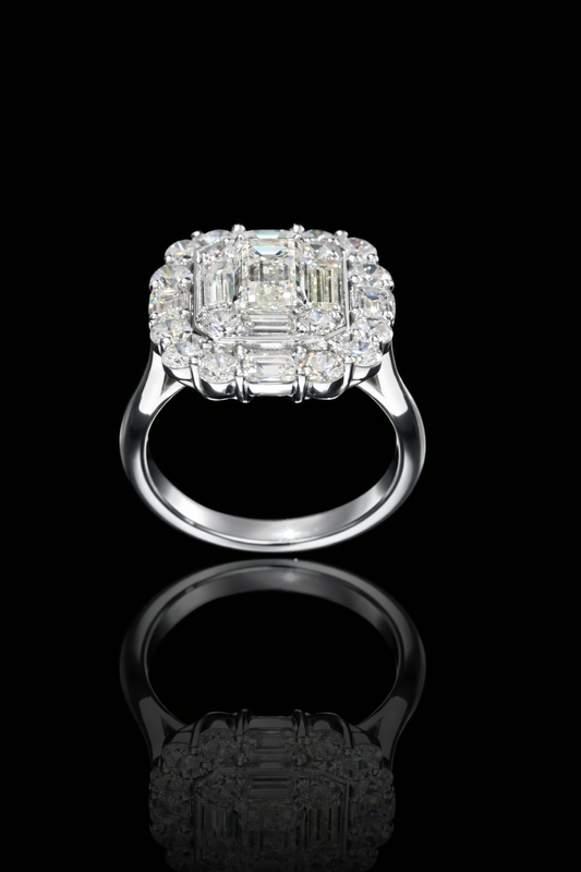 GIA Certified Natural Emerald-Cut Diamond Double Halo Engagement Ring in White Gold | Luxury Step-Cut Design