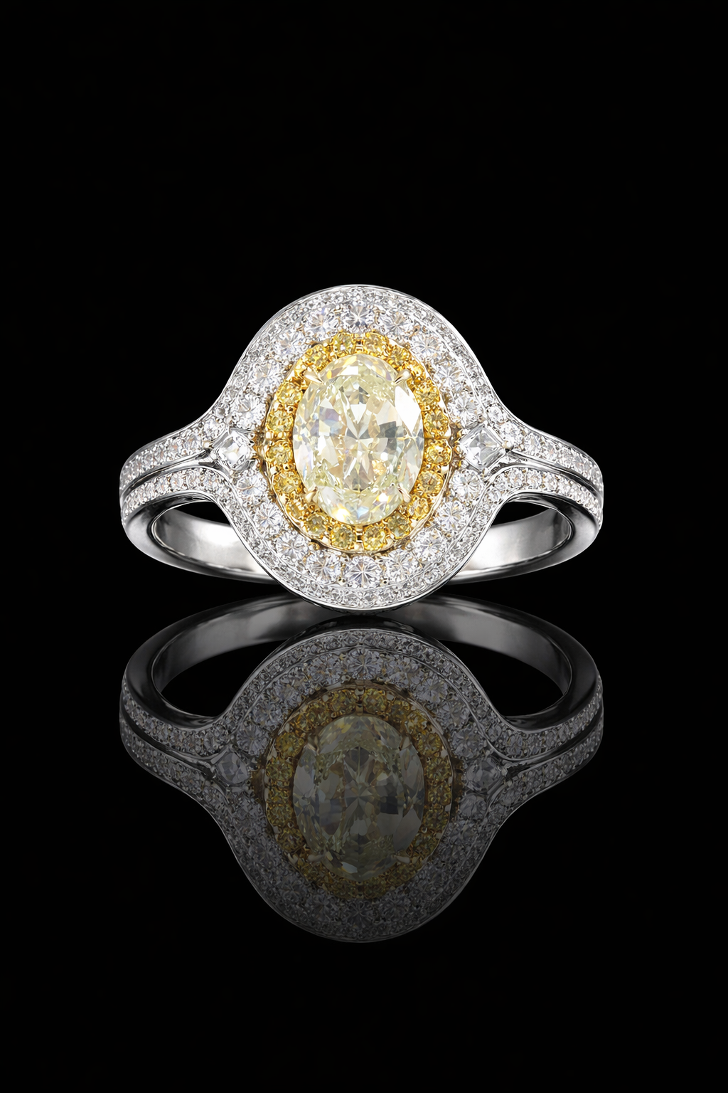 GIA Certified Natural Yellow Diamond Halo Engagement Ring in White Gold | Double Halo Luxury Design