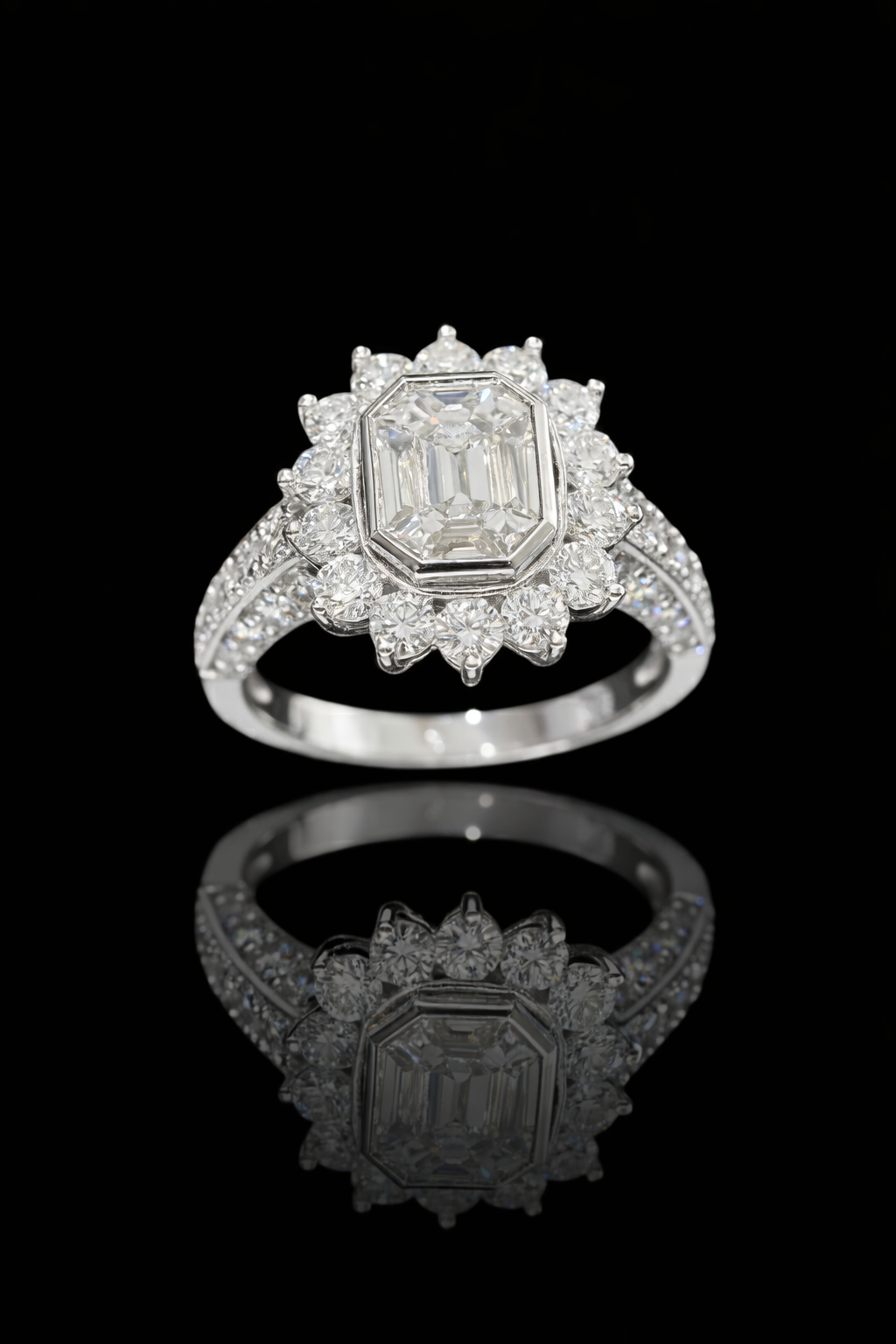 GIA Certified Natural Emerald Cut Diamond Halo Engagement Ring in White Gold | Classic Pavé Halo Design