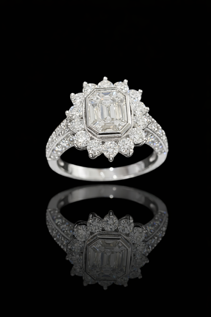 GIA Certified Natural Emerald Cut Diamond Halo Engagement Ring in White Gold | Classic Pavé Halo Design