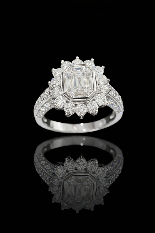 GIA Certified Natural Emerald Cut Diamond Halo Engagement Ring in White Gold | Classic Pavé Halo Design