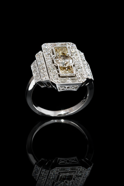 GIA Certified Natural Diamond Fancy Halo Engagement Ring in White Gold | Architectural Multi-Halo Design