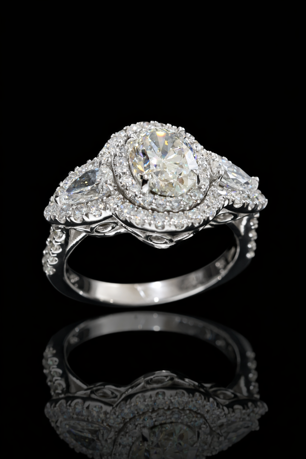 GIA Certified Natural Diamond Halo Engagement Ring with Pear Accent in White Gold | Luxury Double Halo Design