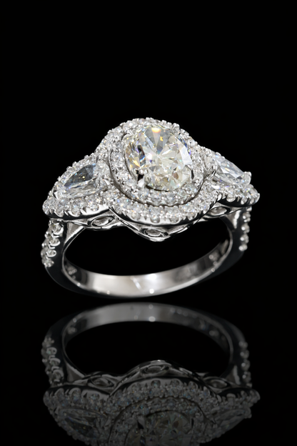 GIA Certified Natural Diamond Halo Engagement Ring with Pear Accent in White Gold | Luxury Double Halo Design