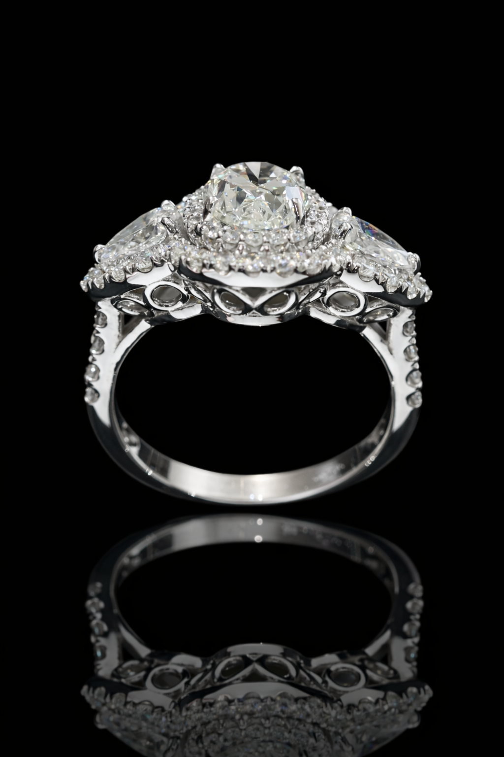 GIA Certified Natural Diamond Halo Engagement Ring with Pear Accent in White Gold | Luxury Double Halo Design