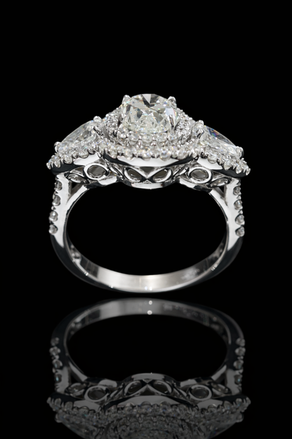 GIA Certified Natural Diamond Halo Engagement Ring with Pear Accent in White Gold | Luxury Double Halo Design