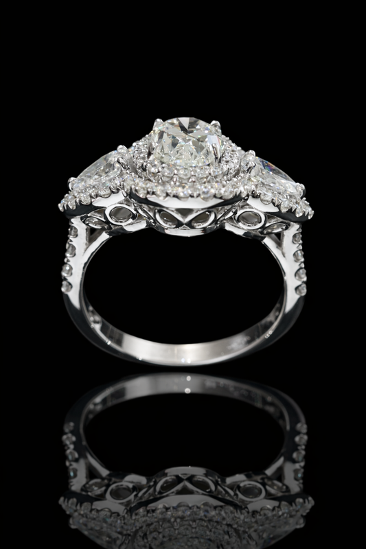 GIA Certified Natural Diamond Halo Engagement Ring with Pear Accent in White Gold | Luxury Double Halo Design