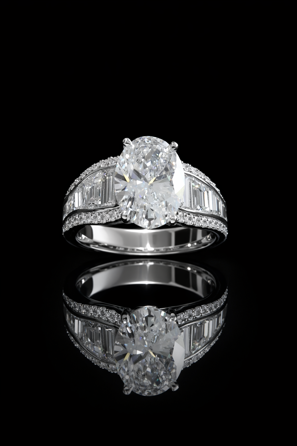 Oval-Cut Lab-Grown Diamond Engagement Ring in White Gold | Tapered Baguette & Pavé Setting