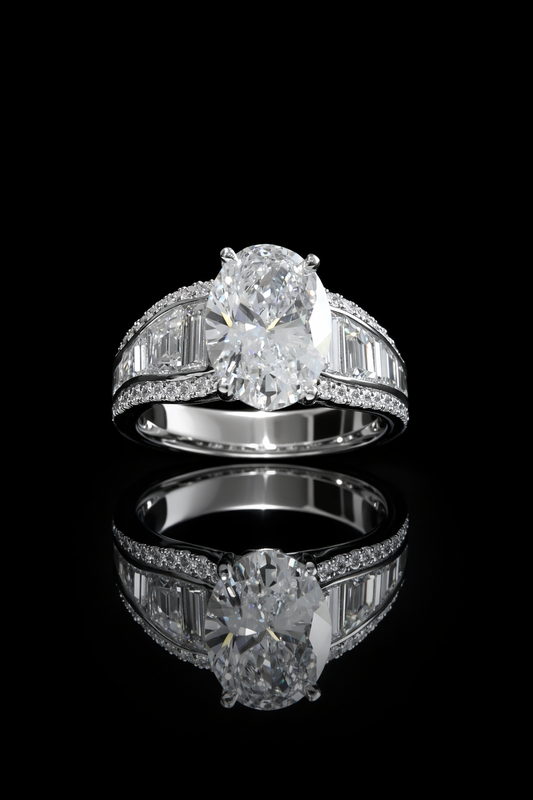 Oval-Cut Lab-Grown Diamond Engagement Ring in White Gold | Tapered Baguette & Pavé Setting