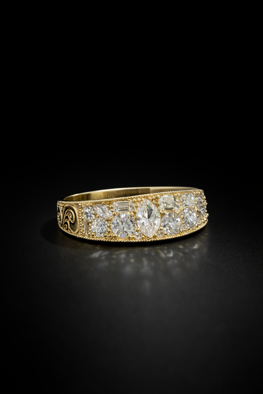 Natural Diamond Vintage Milgrain Band in Yellow Gold | Elegant Heirloom-Inspired Design