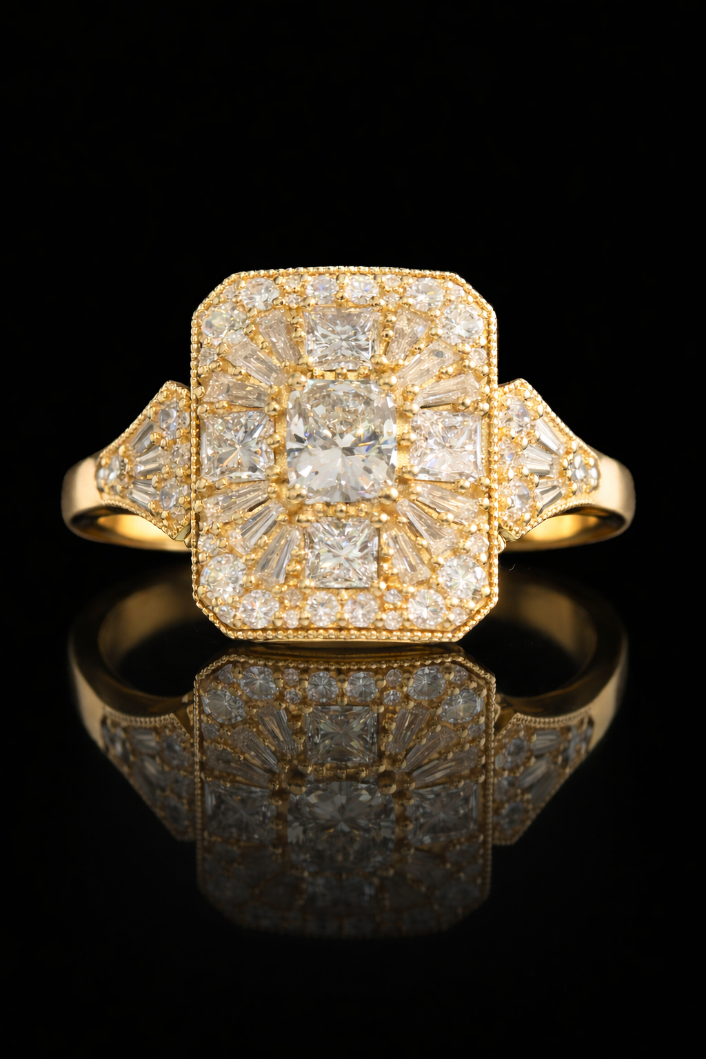Natural Diamond Square Cluster Halo Ring in Yellow Gold | Bold Vintage Statement Design