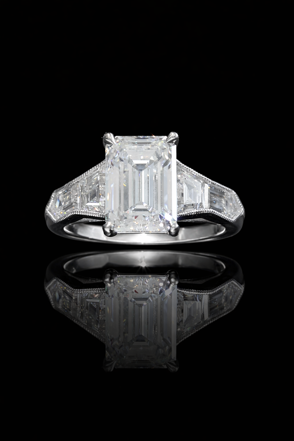 Emerald-Cut Lab-Grown Diamond Three-Stone Engagement Ring in White Gold | Architectural Luxury Design
