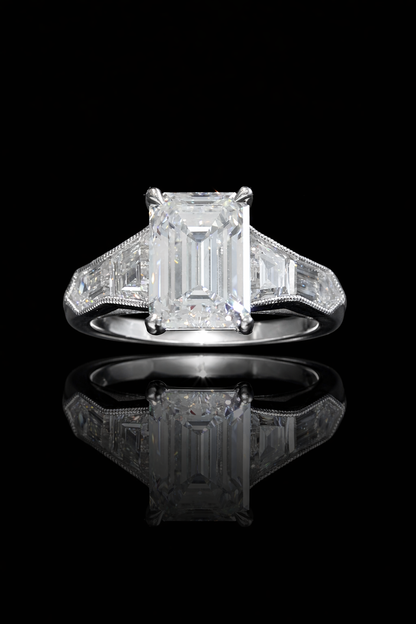 Emerald-Cut Lab-Grown Diamond Three-Stone Engagement Ring in White Gold | Architectural Luxury Design