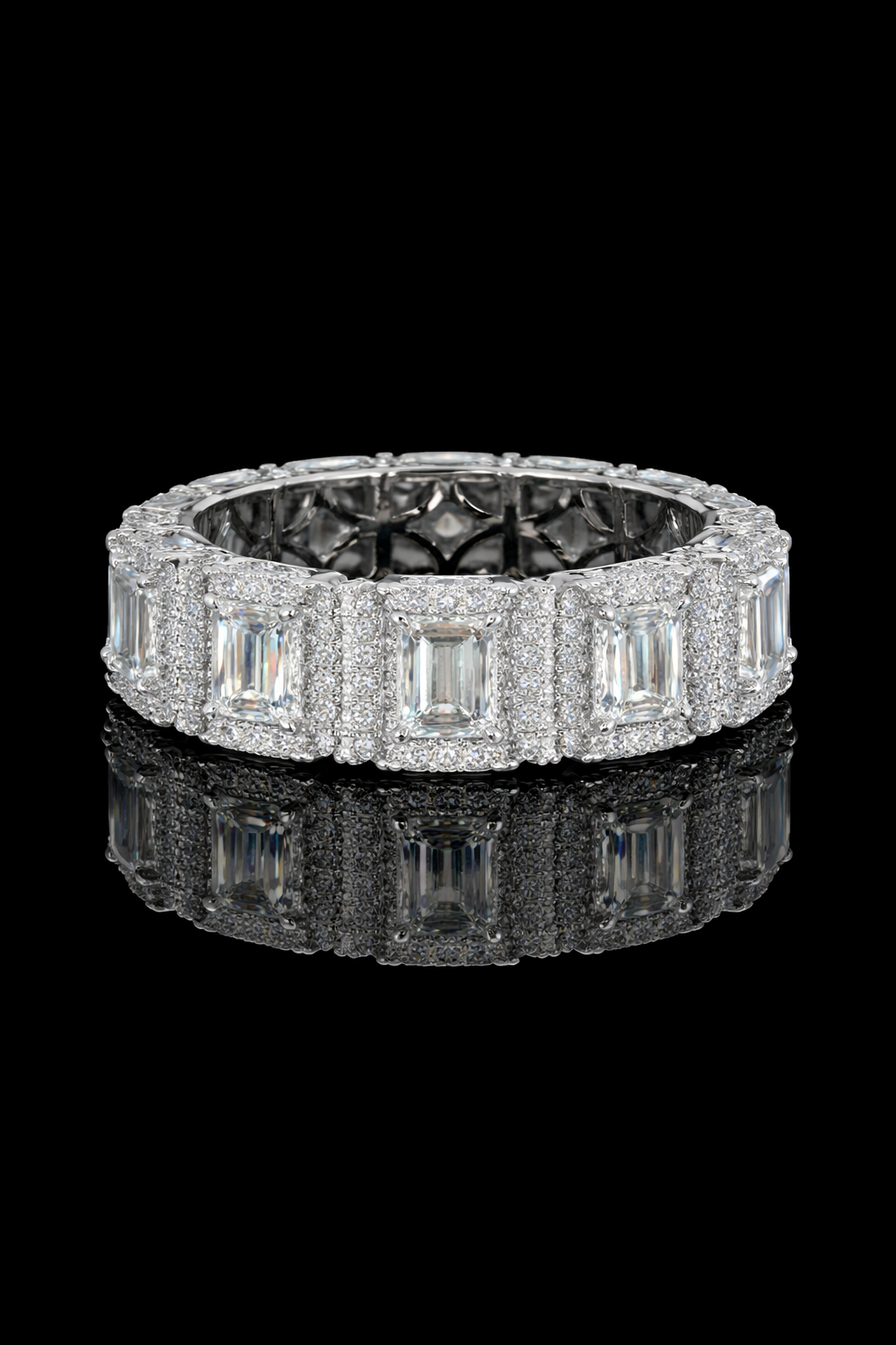 Emerald-Cut Lab-Grown Diamond Eternity Band with Halo Accents in White Gold | Luxury Prong-Set Design