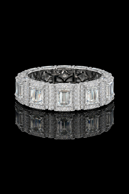 Emerald-Cut Lab-Grown Diamond Eternity Band with Halo Accents in White Gold | Luxury Prong-Set Design