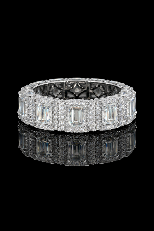 Emerald-Cut Lab-Grown Diamond Eternity Band with Halo Accents in White Gold | Luxury Prong-Set Design