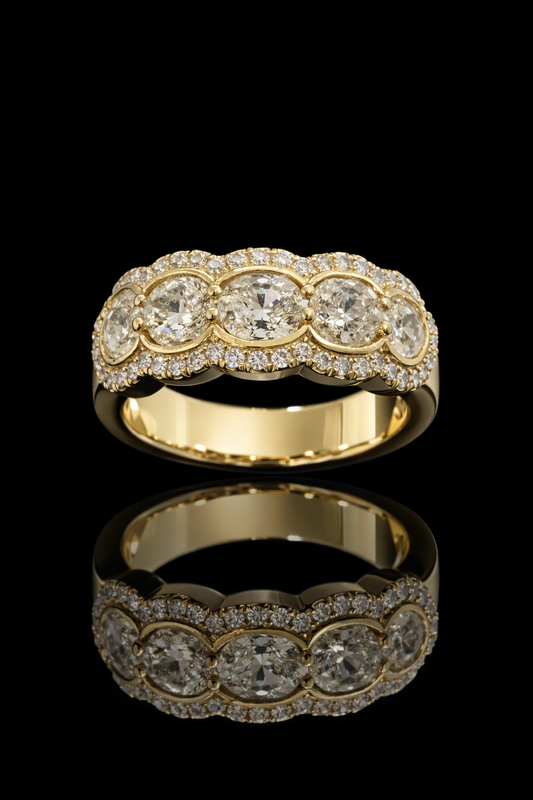 Oval Lab-Grown Diamond Wedding Band with Double Halo Design in Yellow Gold | Prong-Set Eternity Style