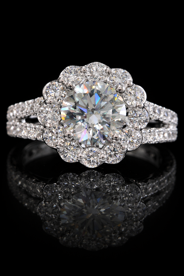 Round-Cut Lab-Grown Diamond Halo Engagement Ring with Pavé Split Shank in White Gold | Prong-Set Design