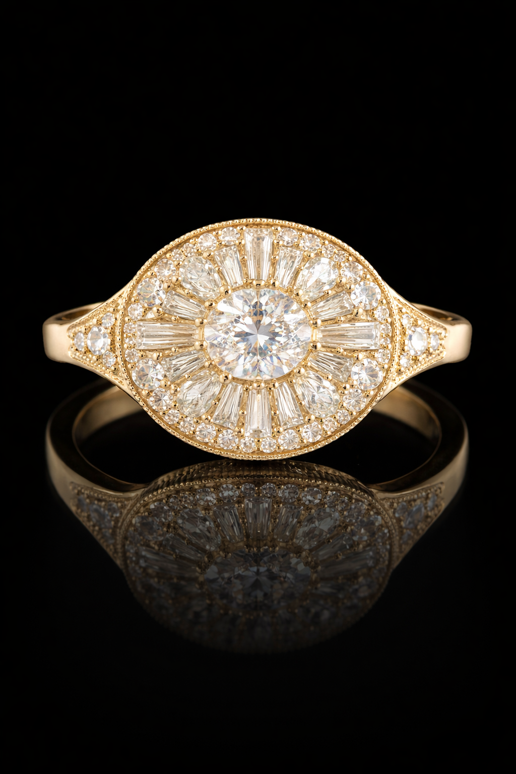 Natural Diamond Oval Halo Mosaic Ring with Mixed-Cut Starburst in Yellow Gold | Vintage-Inspired Statement Design