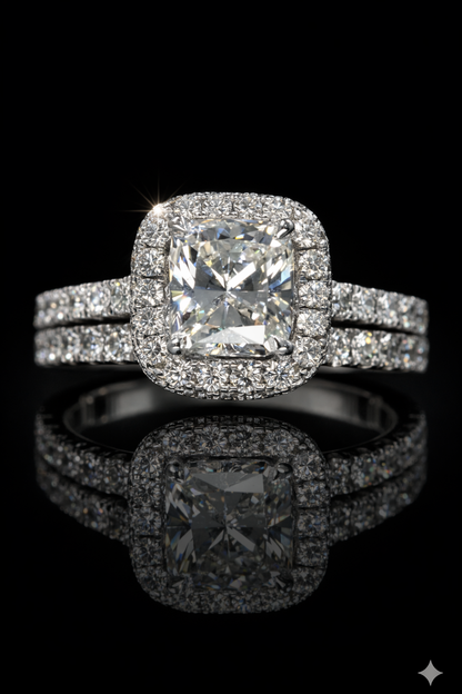 Natural Princess-Cut Diamond Halo Engagement Ring in White Gold | Timeless Double-Halo Elegance
