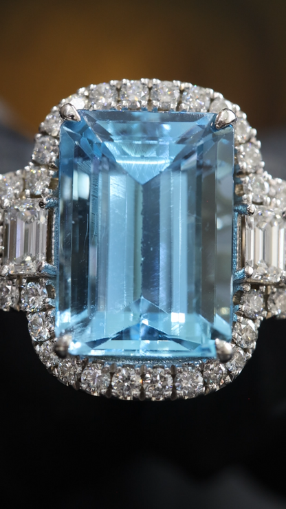 Emerald-Cut Aquamarine Halo Ring in White Gold | Diamond Accents & Vintage-Inspired Setting