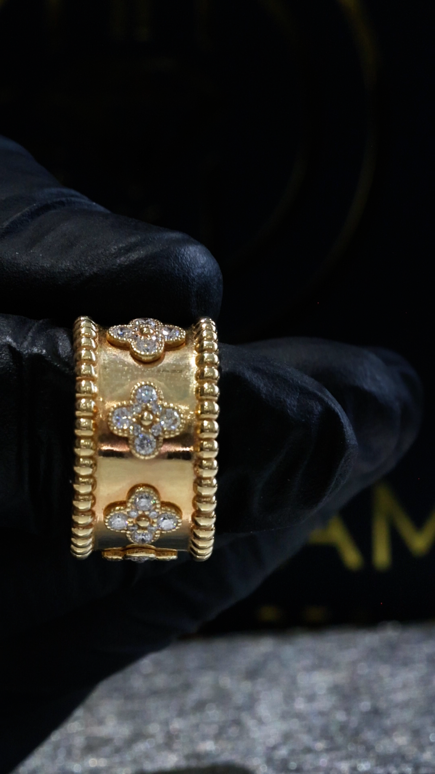 Natural Diamond Clover Motif Wide Band Ring in 14K Yellow Gold | Bold Statement Design