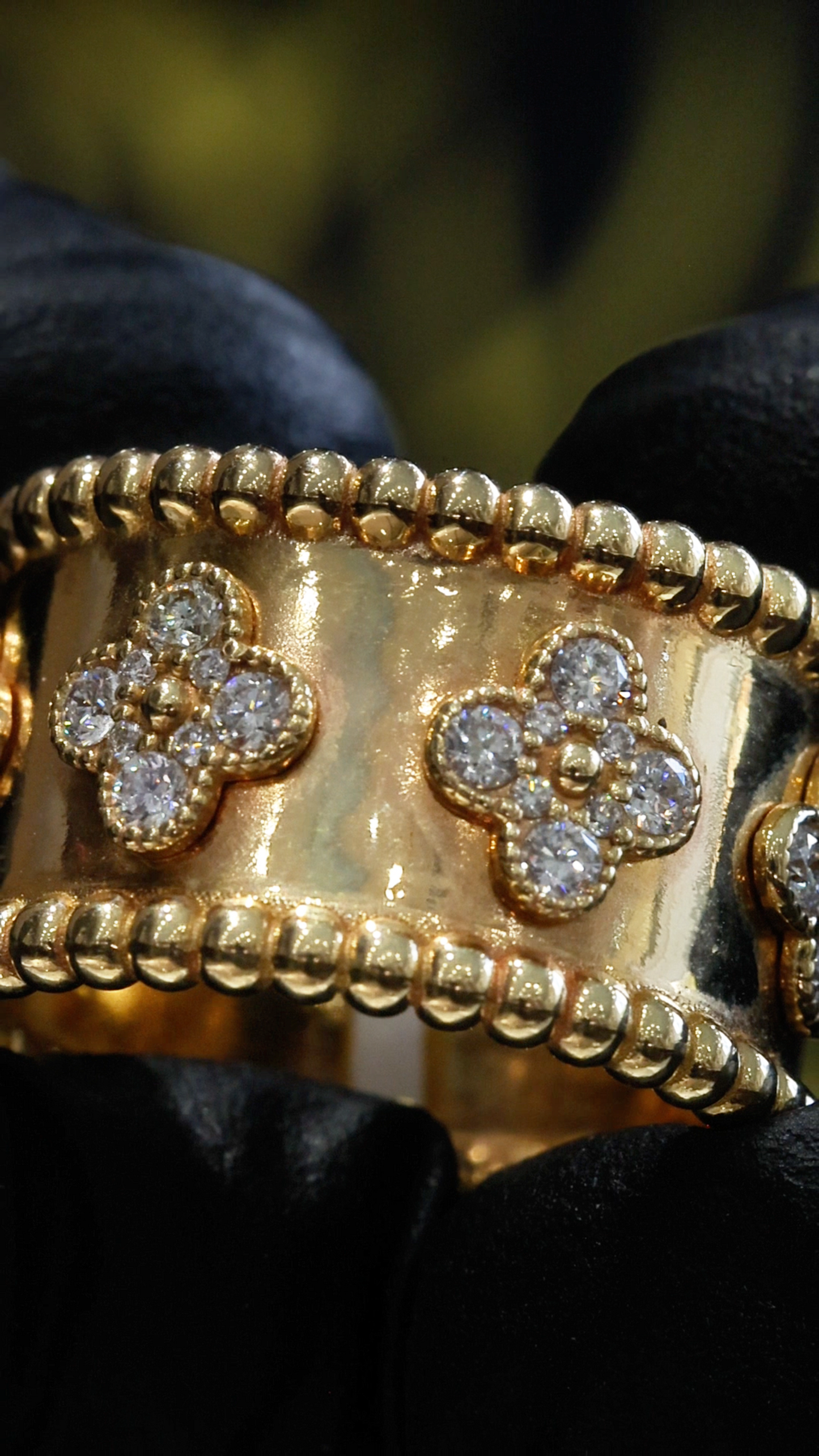 Natural Diamond Clover Motif Wide Band Ring in 14K Yellow Gold | Bold Statement Design