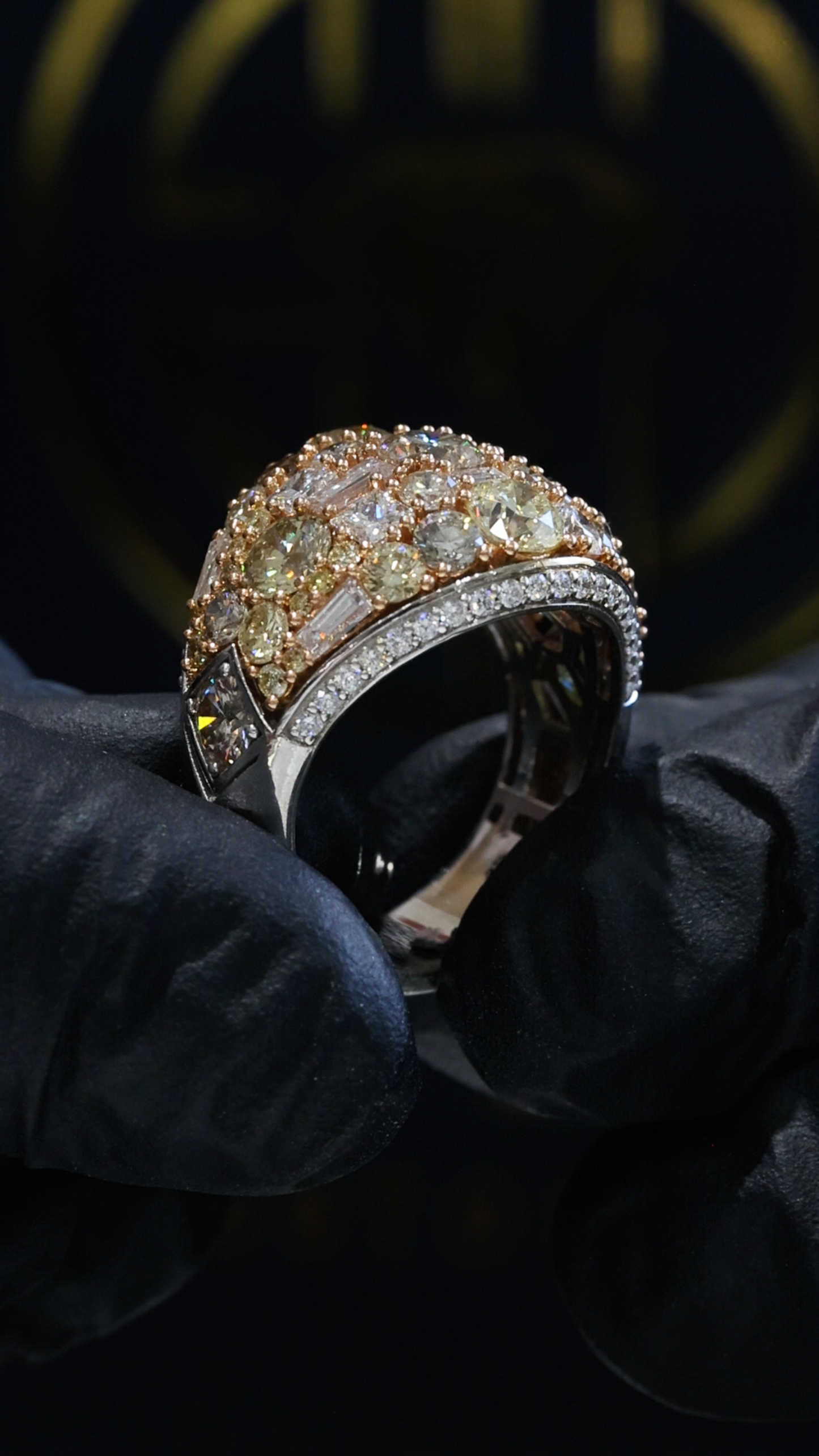 Natural Fancy Yellow Diamond Dome Ring with Mixed-Cut Mosaic in Two-Tone Gold | Bold Statement Design