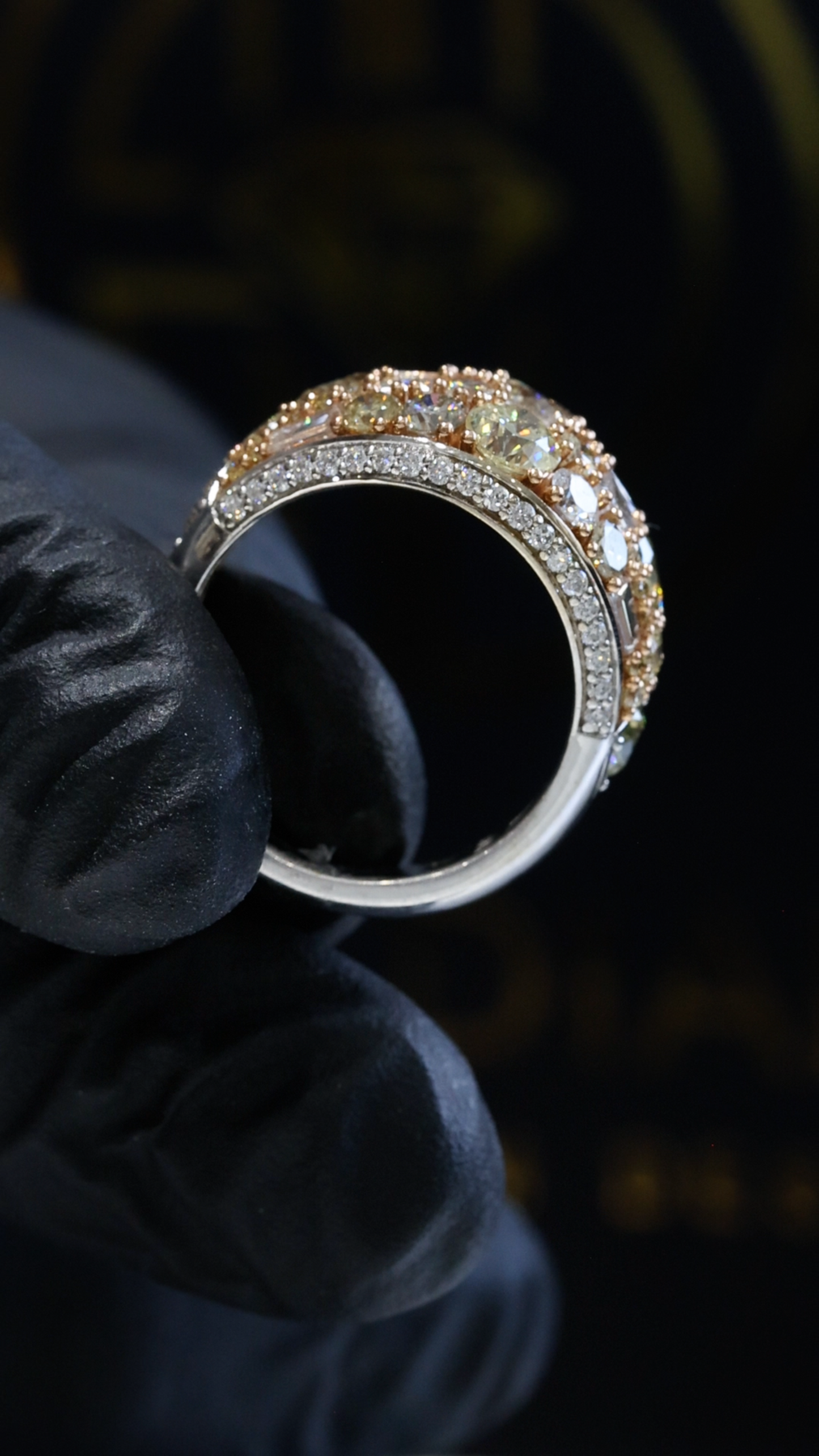 Natural Fancy Yellow Diamond Dome Ring with Mixed-Cut Mosaic in Two-Tone Gold | Bold Statement Design
