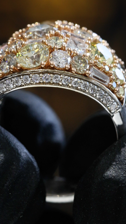 Natural Fancy Yellow Diamond Dome Ring with Mixed-Cut Mosaic in Two-Tone Gold | Bold Statement Design
