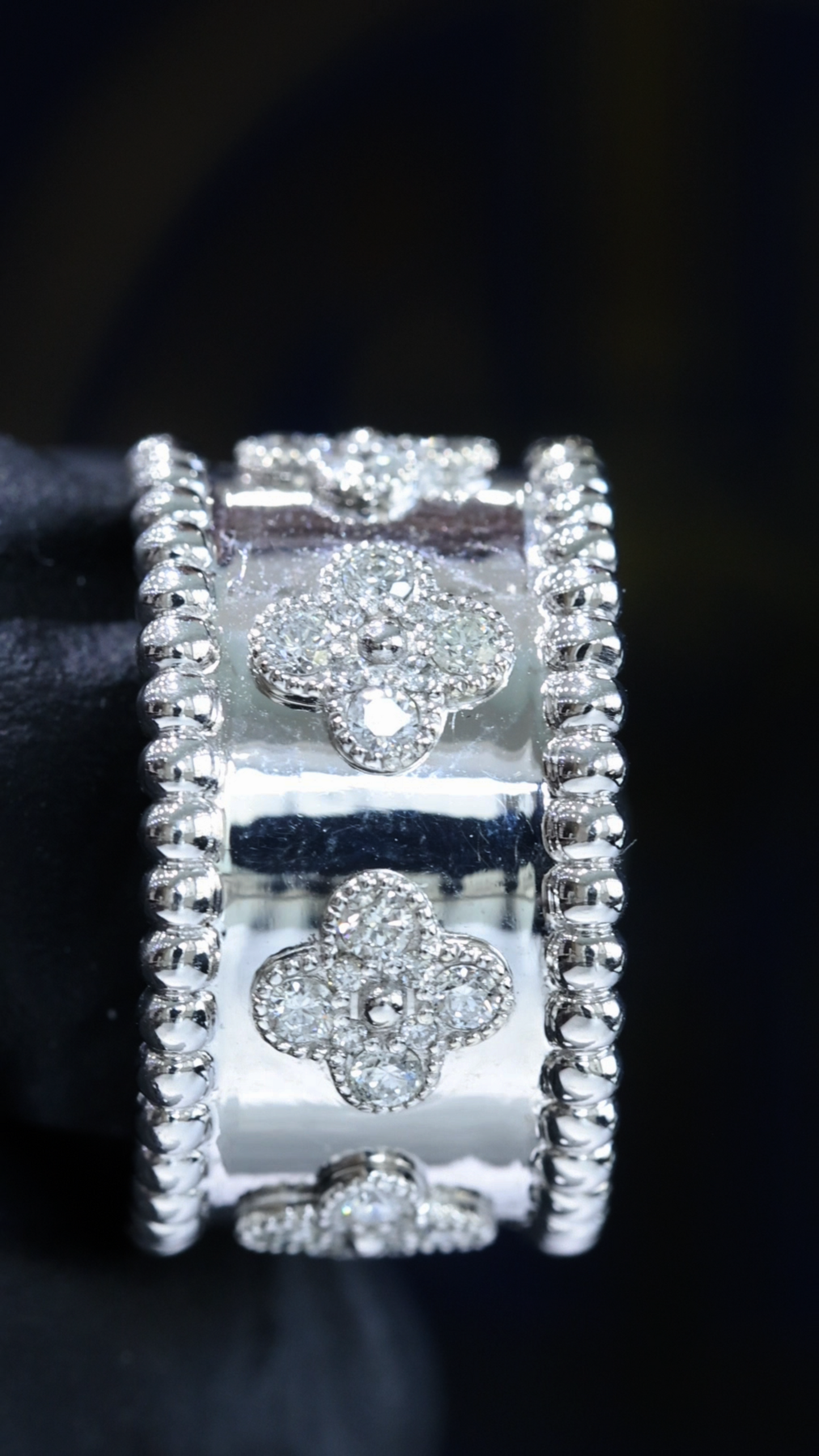 Floral Motif Beaded Diamond Cigar Band in 14K White Gold | 0.78 CTW Wide Statement Ring