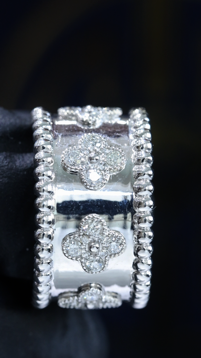 Floral Motif Beaded Diamond Cigar Band in 14K White Gold | 0.78 CTW Wide Statement Ring