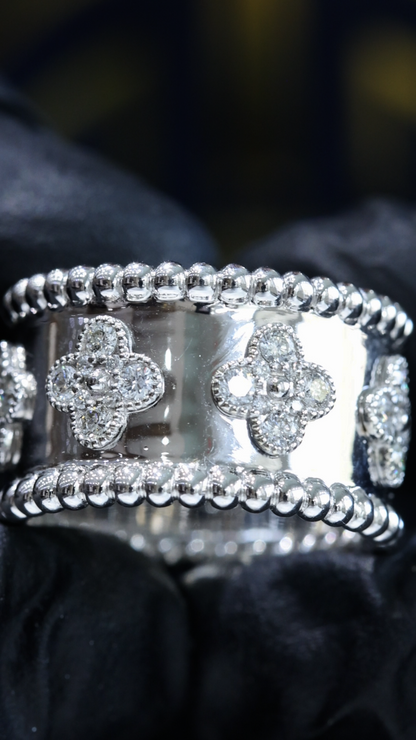 Floral Motif Beaded Diamond Cigar Band in 14K White Gold | 0.78 CTW Wide Statement Ring