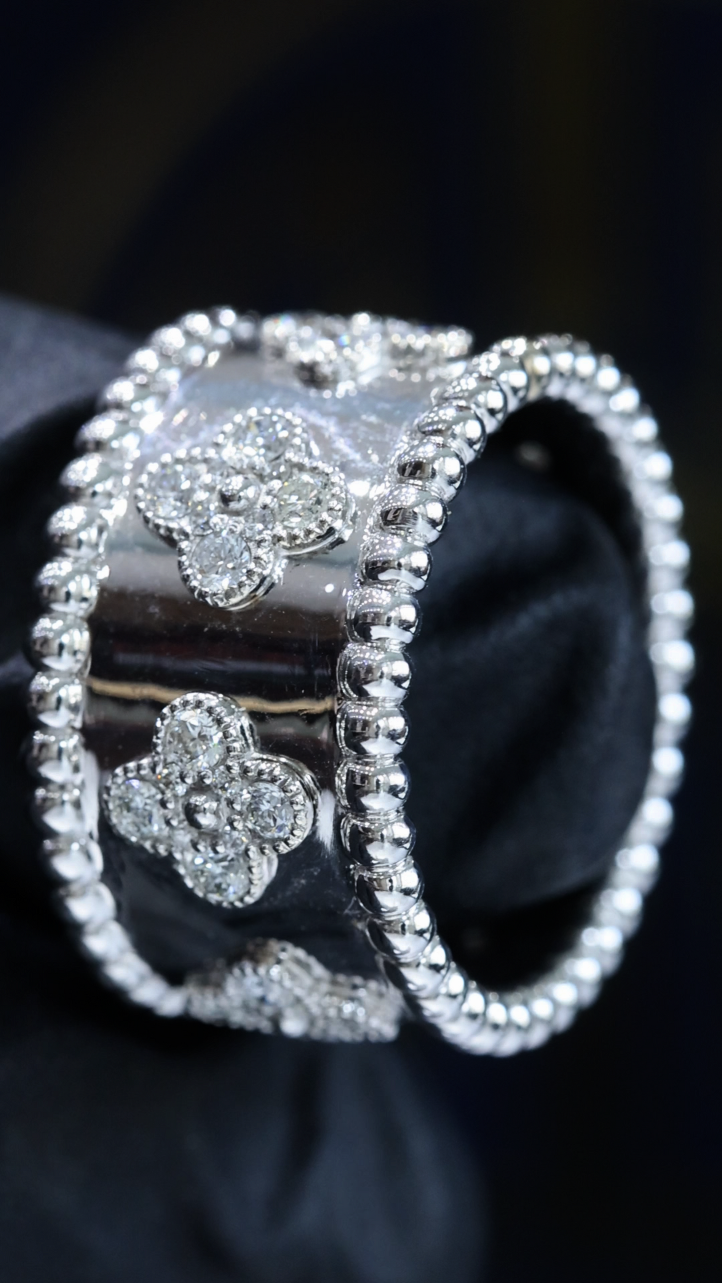 Floral Motif Beaded Diamond Cigar Band in 14K White Gold | 0.78 CTW Wide Statement Ring