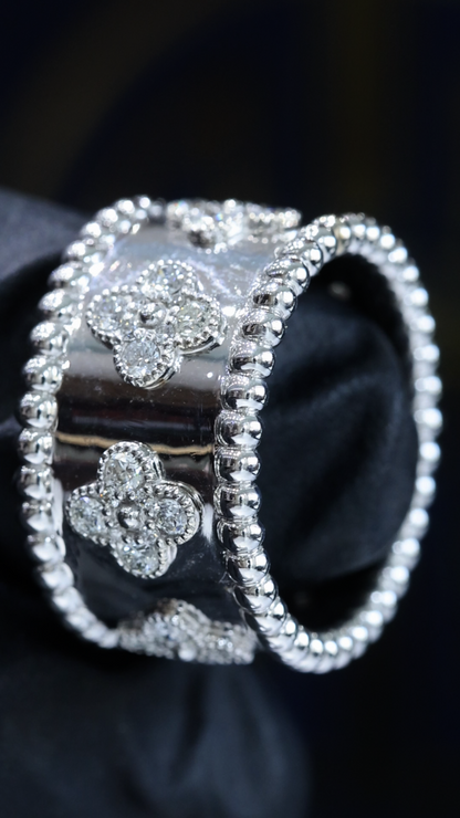 Floral Motif Beaded Diamond Cigar Band in 14K White Gold | 0.78 CTW Wide Statement Ring