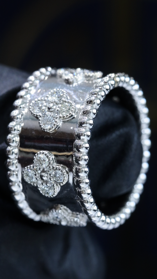 Floral Motif Beaded Diamond Cigar Band in 14K White Gold | 0.78 CTW Wide Statement Ring