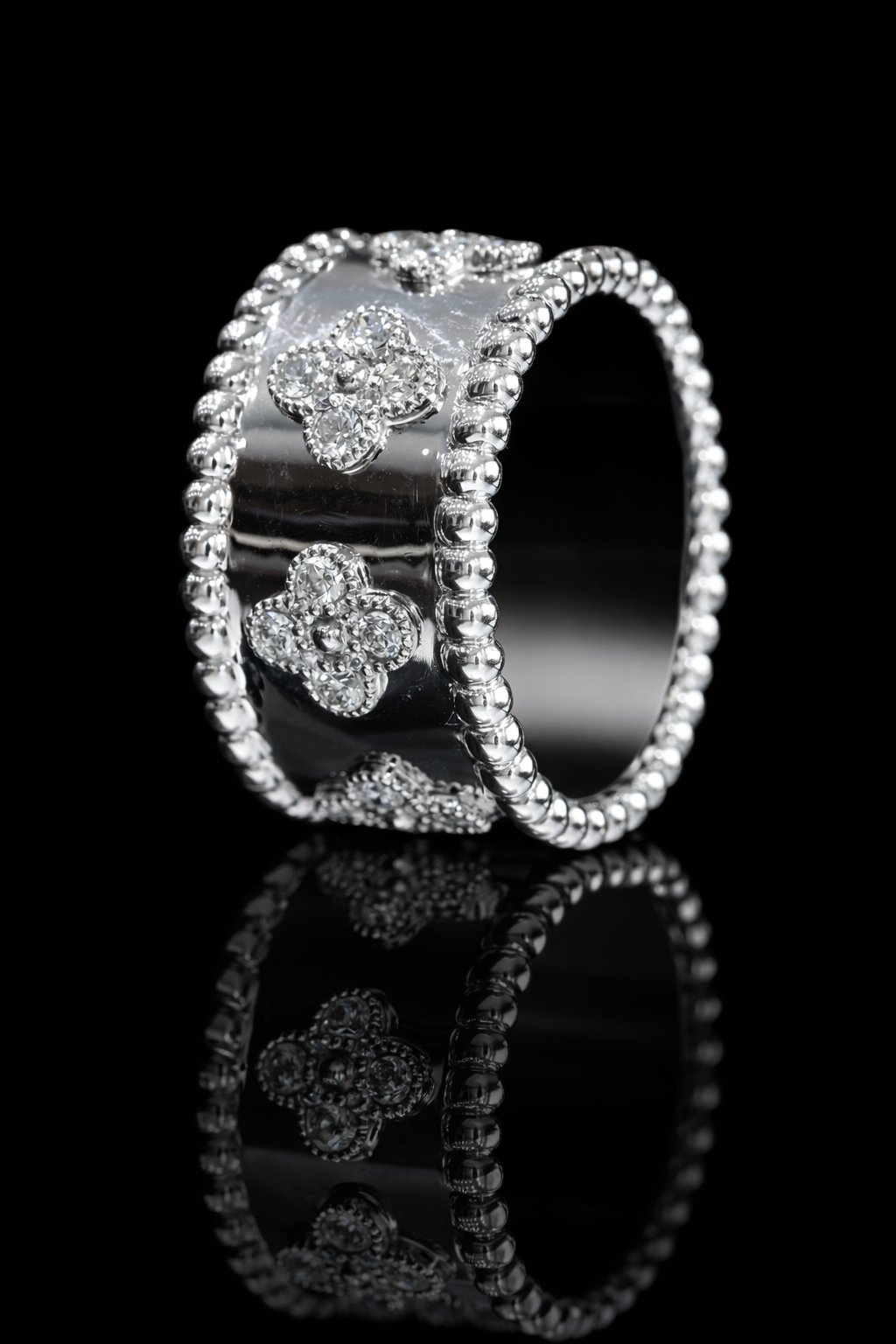 Floral Motif Beaded Diamond Cigar Band in 14K White Gold | 0.78 CTW Wide Statement Ring