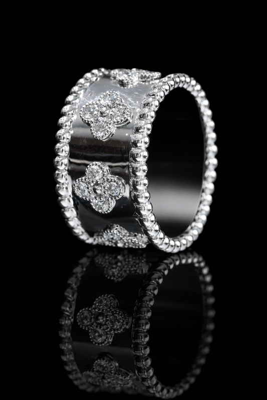 Floral Motif Beaded Diamond Cigar Band in 14K White Gold | 0.78 CTW Wide Statement Ring