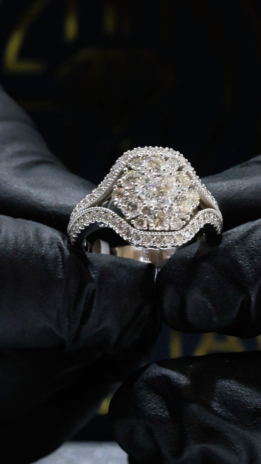 Natural Diamond Cushion Cluster Swirl Halo Ring in White Gold | Vintage-Inspired Sculpted Design